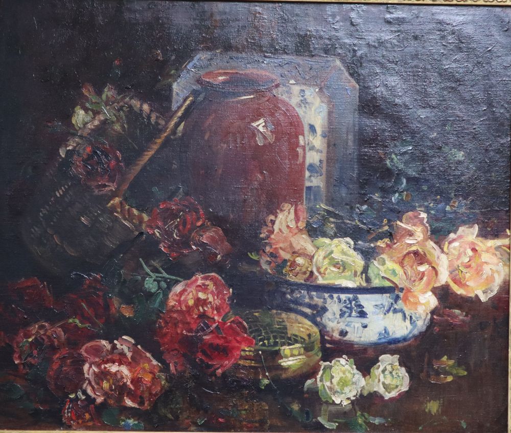 English School c.1900, oil on canvas, Table top still life with roses, 62 x 74cm